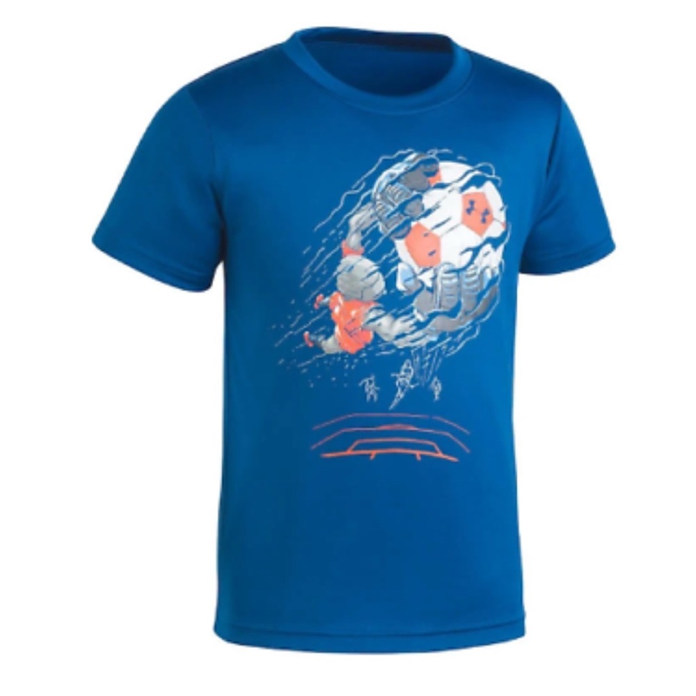 UNDER ARMOUR UA HEATGEAR ACTIVEWEAR Blue Graphic Soccer T-Shirt, like new